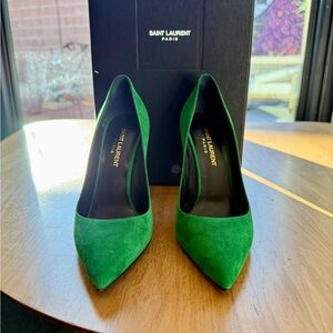 Saint Laurent Anja 105 Green Suede Pointed-Toe Pumps - Size 37 (US 7)